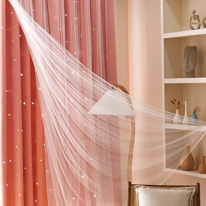 Kinryb Princess Small Curtains for Girls Bedroom with Sheer Overlay,Double Layer Curtain for Living Room with Star Cutout, Curtains for Kids Room (52 W*36 L Inches, 2 Pcs Coral)