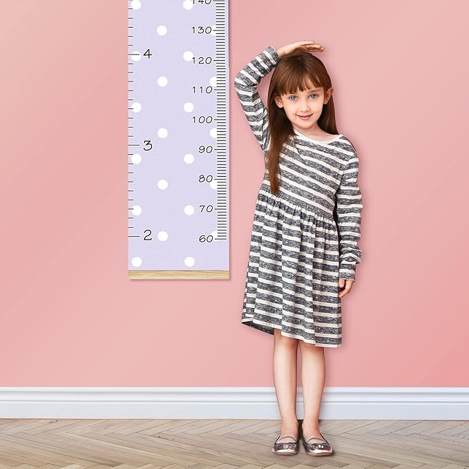 Personalized Kids Name Growth Chart Ruler for Wall Wood Frame Height Measure Chart 13.4x56 in Linen Hanging Height Growth Chart Polka Dot Purple Background Kids Room Decor