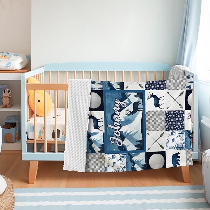 Personalized Baby Blankets for Girls Boys, Custom Blue Deer Baby Blanket with Name for Kids, Flannel Bed Throw Blanket for Newborn, Customized Gifts for Baby Shower Nursery Blanket(60" x80)