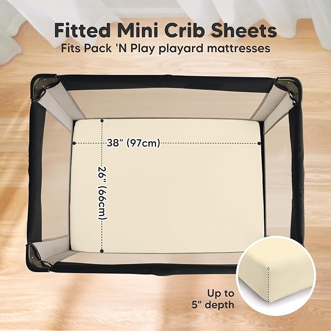 2-Pack Pack and Play Sheets, Waterproof Mini Crib Sheets Fitted - Organic Cotton Pack N Play Sheets for Graco Pack and Play Mattress, Playard Baby Crib Sheets, Neutral for Boy,Girl, Toddler (Latte)
