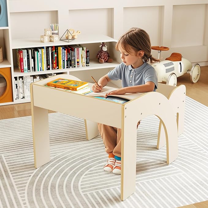 INFANS Kids Table and Chair Set, Wooden Activity Table for Toddlers Arts Crafts Drawing Reading Playing Building Block Drawing, Children Natural Furniture Set for Playroom Nursery