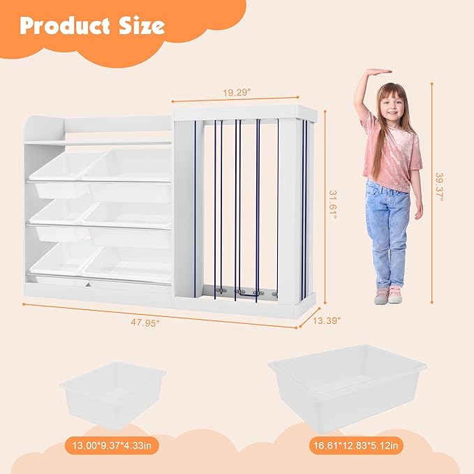 NACHES Kids Toy Organizer and 4-Tier Montessori Bookshelf with 6 Bins, 3-in-1 Toy Shelves and Stuffed Animal Storage for Playroom, Nursery, Baby Room (White)