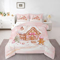 Feelyou Gingerbread House Kids Comforter Set Queen Size Gingerbread Man Bedding Set Christmas Tree Duvet Quilt for Kids Boys Girls Bedroom Pink Bow Decor Snowflake Microfiber Ultra Soft Breathable