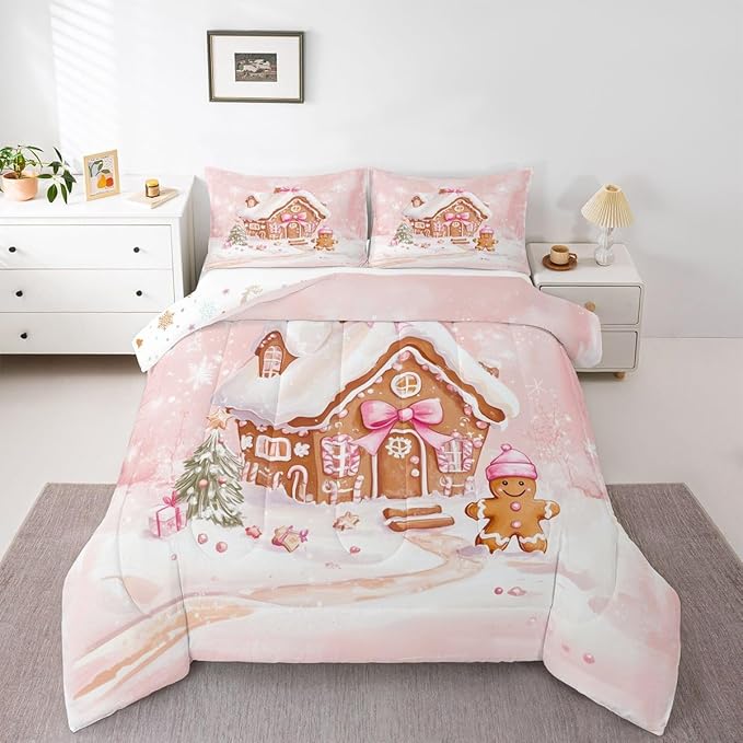 Feelyou Gingerbread House Kids Comforter Set Toddler Size Gingerbread Man Bedding Set Christmas Tree Duvet Quilt for Kids Boys Girls Bedroom Pink Bow Decor Snowflake Microfiber Ultra Soft Breathable