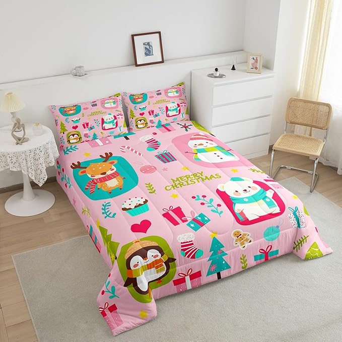 Erosebridal Christmas Cartoon Bedding Set for Kids Cute Snowman Bear Comforter Set Twin Size Xmas Tree Deer Elk Reversible Quilts Kawaii Penguin Animal Duvet Insert Room Decor