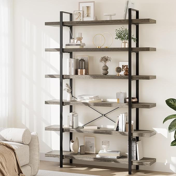 Bookcase, 47 Inch Wide Wood Bookshelf, 120lbs Shelf Capacity, Rustic Open Shelving Industrial Display with Reinforced Horizontal Shelves for Living Room Bedroom Office (6 Tier - Grey) 2 Set