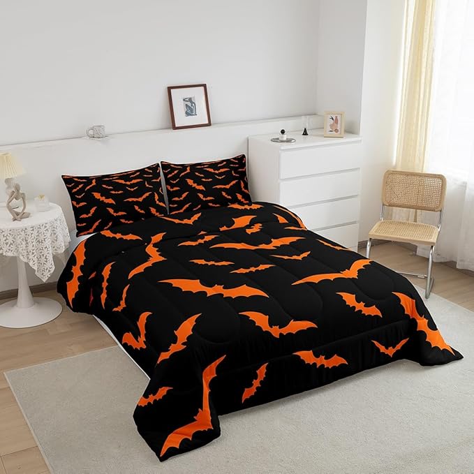 Erosebridal Happy Halloween Quilt Queen Size for Kids Boys Bats Animal Silhouette Comforter Set Orange Bats Animal Bedding Set Gothic Spooky Down Comforter with 2 Pillow Cases