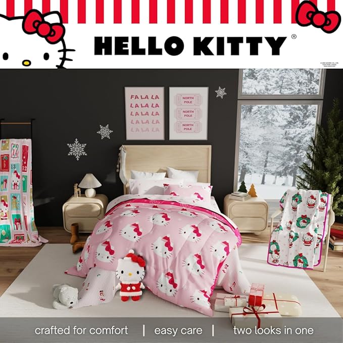 Sanrio Hello Kitty Holiday & Christmas Bedding Soft Comforter and Sheet Set with Sham, 7 Piece Full Size (Officially Licensed Product) by Franco