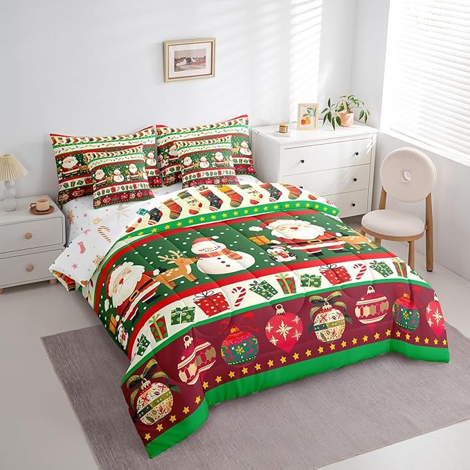 Feelyou Christmas Santa Claus Comforter Set with Sheets Cartoon Stockings Deer Bedding Set for Kids Boys Girls Teens Decor Christmas Snowflake Bed in a Bag Kawaii Bed Set 7Pcs King Size