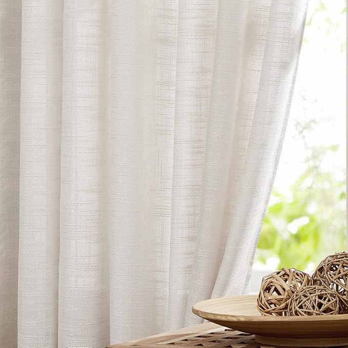 FMFUNCTEX Linen Semi Sheer Curtains 54 Inch Length for Bedroom Living Room, Beige Curtain Panels Sheer Linen Textured Window Drapes Farmhouse Light Filtering Natural 2 Panels Rod Pocket