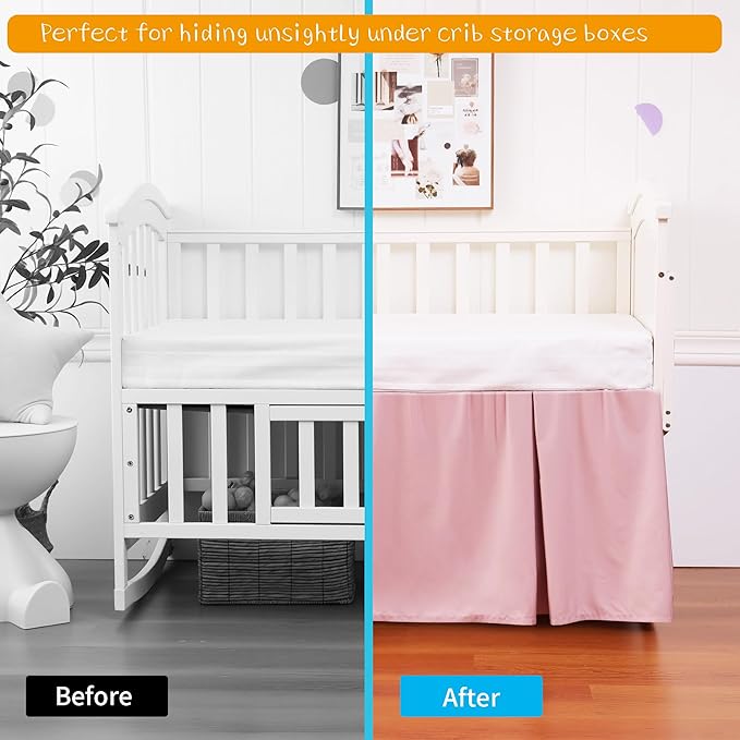 Crib Bed Skirt Dust Ruffle 100% Cotton - Natural, Soft, Breathable for Baby's Delicate Skin, Nursery Toddler Crib Bed Skirt for Baby Boys Girls, Fits Standard Cribs 28" x 52" with 14" Drop