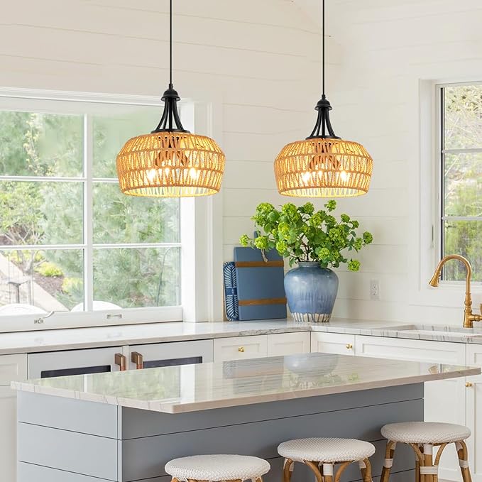 Rattan Pendant Light, 13'' Rattan Chandeliers for Dining Room, Farmhouse Chandelier Light Fixture,Hand Woven Lampshade, Rustic Chandeliers Hanging Light Fixtures for Kitchen Island,Bedroom,Hallway