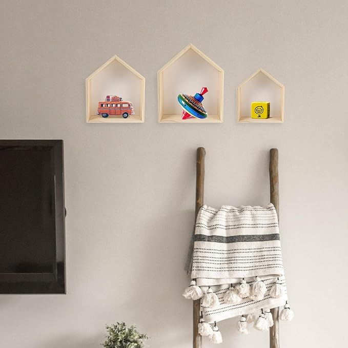 Angoily 3pcs House Shaped Floating Shelves Wall-Mounted Wood Storage Rack for Home Decor Modern Geometric Design with Strong Bearing for Stationery Plants Ornaments Display