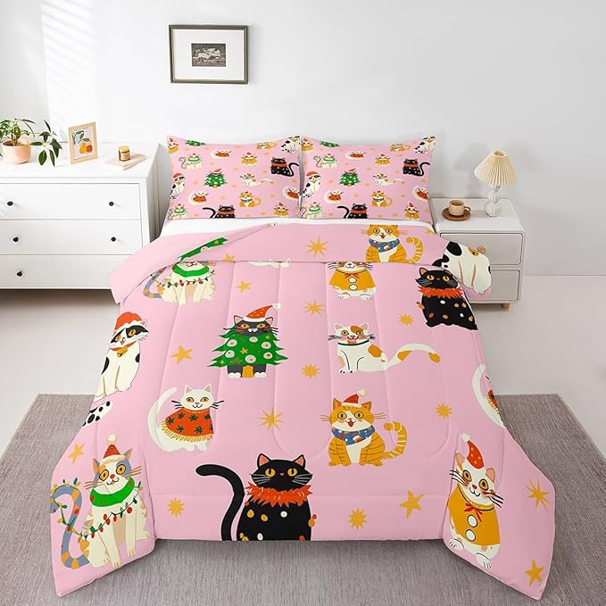 Erosebridal Christmas Decor Quilts Cute Cats Comforter Set Queen Size for Kids Boys Girls Bedroom Xmas Tree Bedding Set Cartoon Animal Down Comforter with 2 Pillow Cases