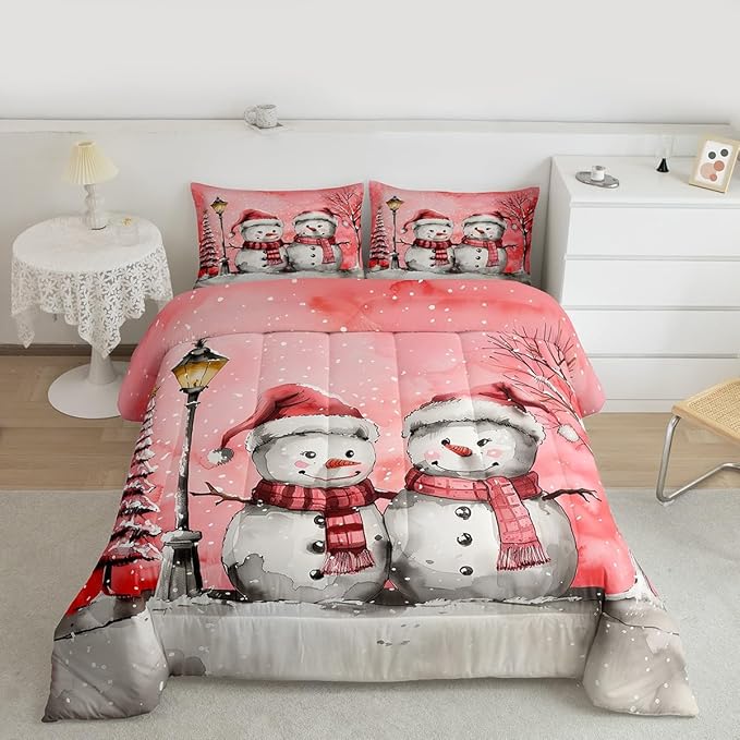 Feelyou Christmas Bedding Set Soft for Boys Girls, Pink Watercolor Snowman Comforter Set Queen Size Xmas Winter Duvet Quilt Microfiber Snowflake Bedroom Decor 3 Pcs with 2 Pillow Cases