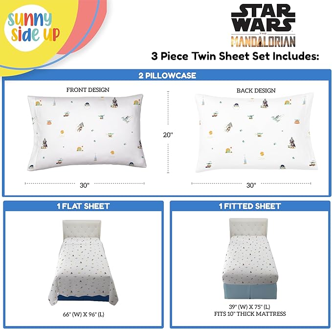 Sunny Side Up Kids Sheet Set with Fitted, Flat Sheets & Pillow Cover - Ultra-Soft Bedding with Pillowcase for Room Decor, White - The Mandalorian, 3 Piece Twin