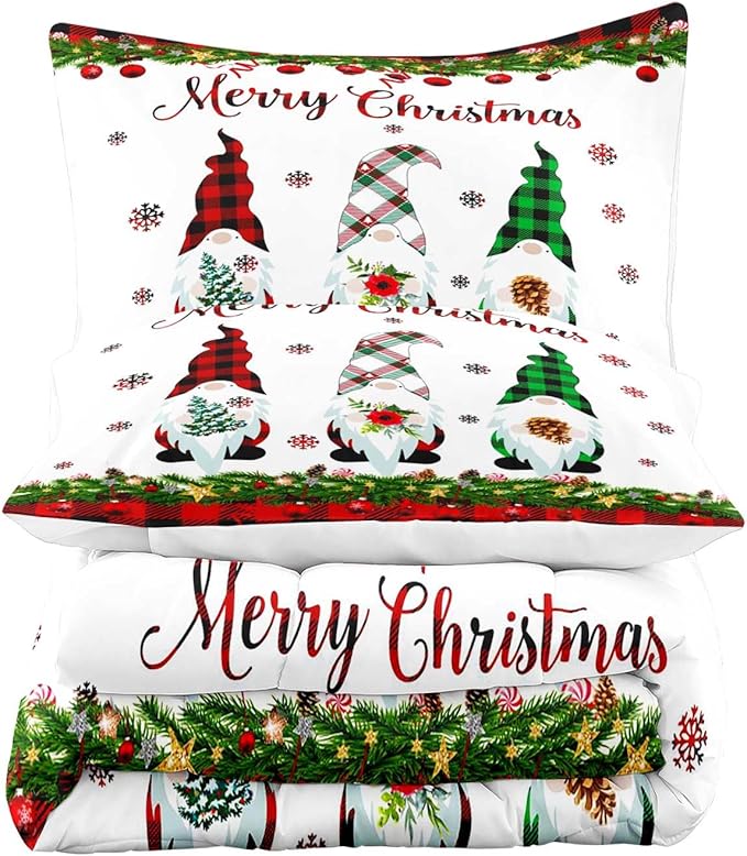 LUVIVIHOME 3PCS Merry Christmas Comforter Set Full Size, Gnomes Bedding, Cute Christmas Bedroom Decor for Kids Boys Girls Teens, Xmas Gifts, Buffalo Plaid Christmas Gnomes Decorations, 2 Pillow Cases