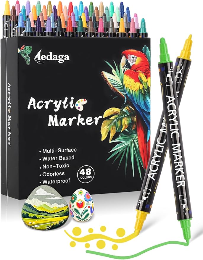 48 Colors Acrylic Paint Pens,Acrylic Paint Markers Dual Tip with Fine Tip and Dot Tip,Dot Maker for Kids Adults, Glass, Stone, Wood, Canvas, Paper, Pottery