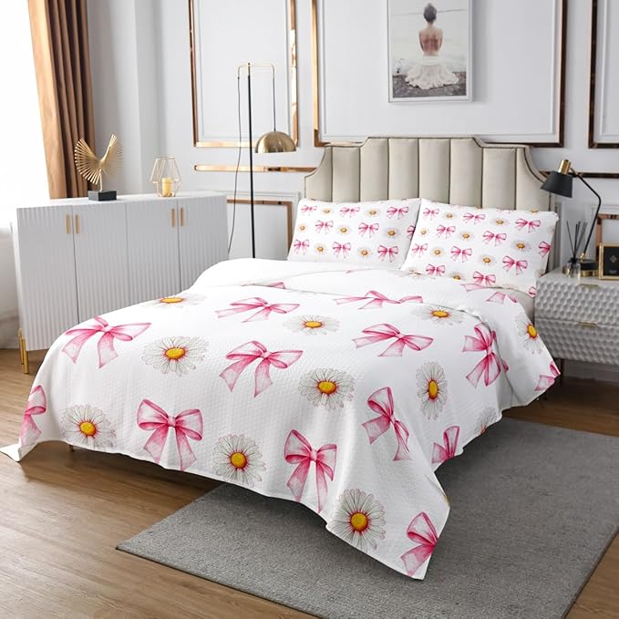 Pink Bowknot Kids Bedspread King Size,Daisy Flowers Bow Tie Knot Princess Coverlet Set,Girls Women Room Decor,Plant Floral Bows Romantic Quilted Coverlet,Boho Chic Bedding Quilt,2 Pillowcases