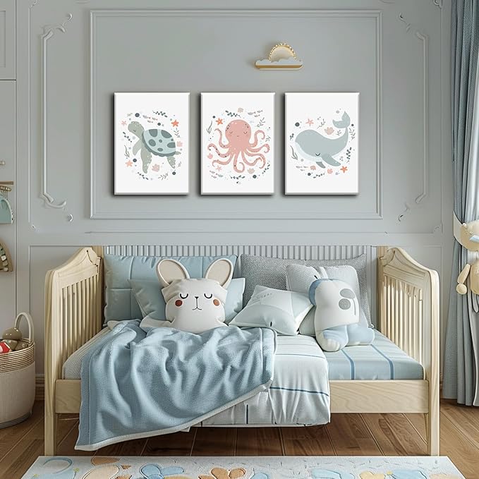 Wodkwq Ocean Nursery Decor,Nursery Wall Decor,Kids Bathroom Decor,Under The Sea,Boys Room Sea Animal Wall Art Picture Canvas Prints Set of 3,Bedroom 12x16 Inch Framed
