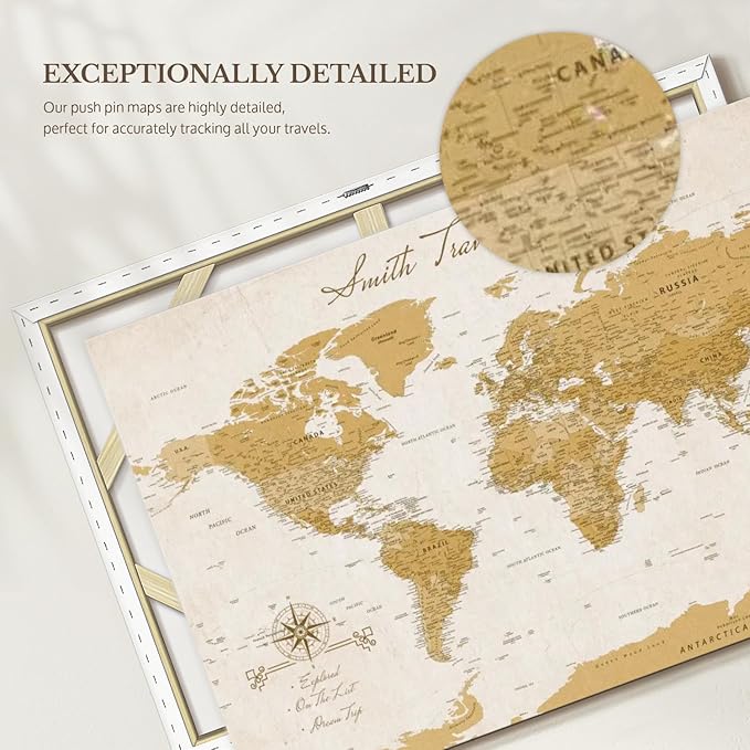 ElephantStock - Personalized Travel Push Pin World Map Wall Art - Horizontal Canvas Wall Art - Living Room Wall Decor - Digital Art Map Canvas Art - Orange And Beige Decor - 45" x 30"