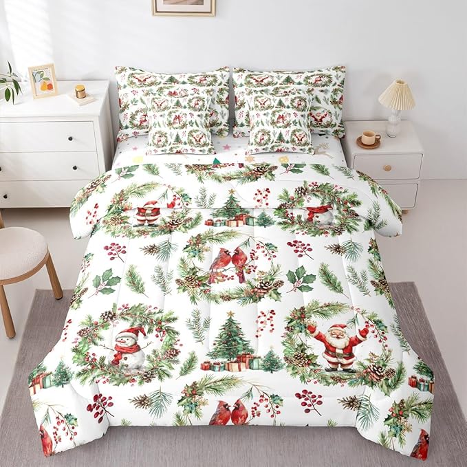 Erosebridal Merry Christmas King Comforter Set with Sheets 7 Piece Red Green Xmas Cardinal Bed in A Bag Xmas Snowman Santa Claus Bedding Sets for Teens Christmas Red Berry Branches Wreath Bed Set