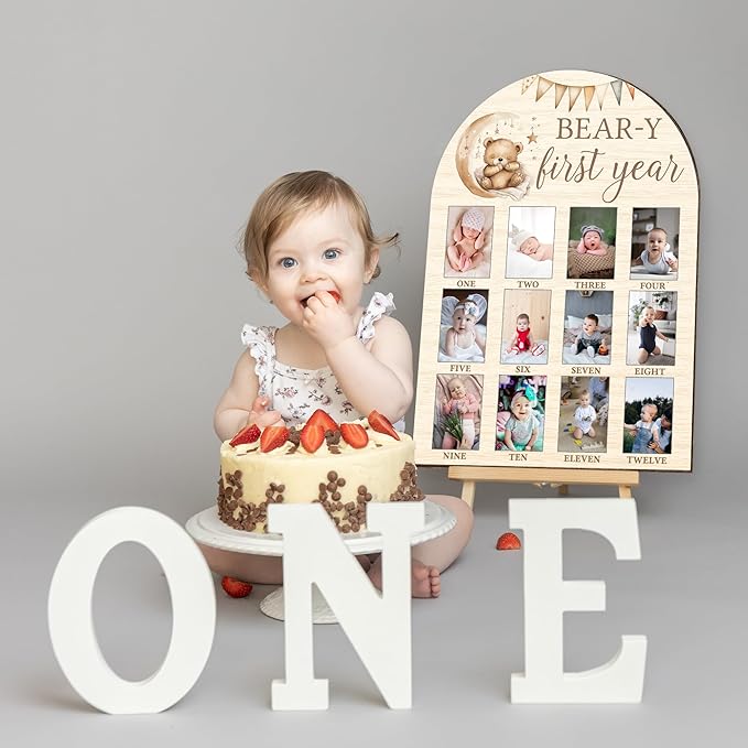 My First Year Milestone Photo Board, Bear Baby Milestone Signs, 12 Months Wooden Picture Frame, Nursery Gender Neutral Gifts for Girl Boy, Best Gifts for 1st Birthday Baby Shower Decorations-A06