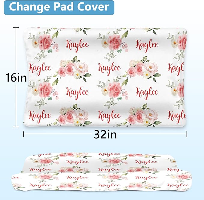 Personalized Baby Crib Bedding Set, Custom Name Blanket with Dotted Backing, 5 Piece Custom Gift Highland Cow Crib Bed Set for Baby Infant Shower Birthday, Floral Crib Bedding Gifts Style11