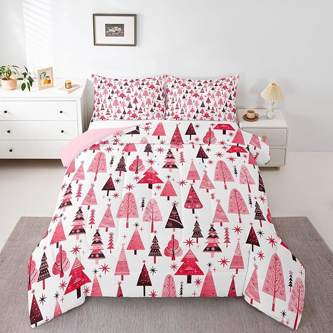 Manfei Pink Xmas Trees Comforter Set King Size, Christmas Theme Bedding Set 3pcs for Kids Boys Girls Adults Room Decor, Happy New Year Down Comforter Soft Polyester Quilt Set with 2 Pillowcases