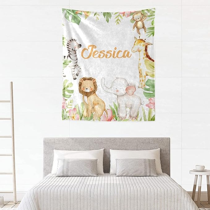 Personalized Safari Cute Animals Tropical Baby Blanket with Name for Girls Boys Custom Nursery Kids Blankets for Baby Shower Birthday Gifts Customized Baby Throw Soft Fleece 30 x 40 inch