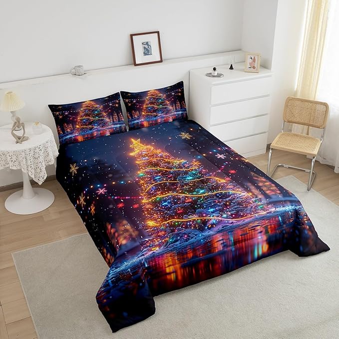3D Christmas Tree Comforter Set Queen Size,Snowflake Glitter Polka Dot Bedding Set for Kids Boys Girls Room Decor,Merry Christmas Duvet Insert 3Pcs,Xmas Neon Style Fashion Quilt Set,2 Pillowcases