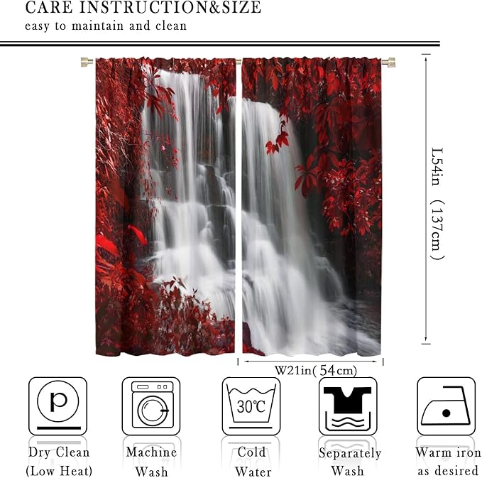 Red Forest Waterfall Blackout Windows Curtains, 2 Panels, 42x54in, Red & Black, Rustic Style, Rod Pocket Top, Suitable for Bedroom, Living Room