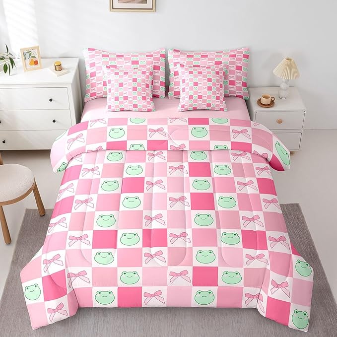 7 Pieces Cartoon Frog Kids Comforter Set Twin,Pink Bowknot Bow Tie Butterfly Knot Bedding Set,Geometric Plaid Grid Patchwork Cute（Comforter+Fitted+Flat Sheet+2 Pillowcases+2 Throw Pillow Covers）