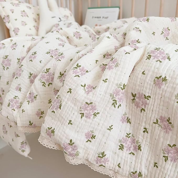 BuLuTu Purple Flower Baby Quilts for Kids Muslin Comforter Large Thin Summer Quilt for Crib/Cradle/Cot, Floral Muslin Toddler Blanket Purple Perilla Pattern, 60x78 Inch