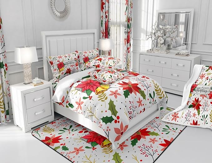 Castle Fairy Merry Christmas Full Size Comforter Set,Red Xmas Flowers Berry Leaves Plant Bedding Comforters Bedroom Collection,Floral Themed Bell Socks Print Bedding Set for Girls Teens