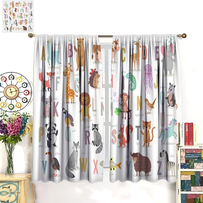 Kids Alphabet Curtains Cute Cartoon Animal Funny Educational Learning Curtain with Rod Pocket for Nursery Bedroom Playroom Home Decor Drapes Window Treatments 2 Panels Set 55" W X 63" L