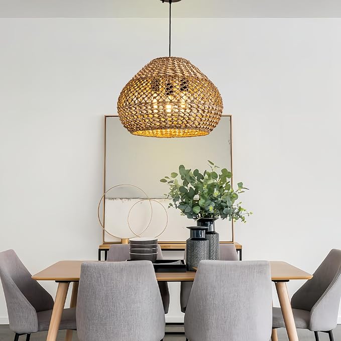 19 Inch Rattan Chandelier Large, 3-Light Round Farmhouse Rattan Chandelier Dome Light Fixtures Ceiling for Living Room Dining Room Bedroom Kitchen Island Restaurant