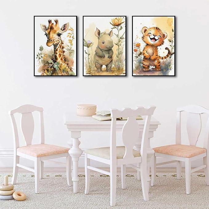 3Pcs Safari Nursery Wall Art watercolor baby Animal Wall Decor Lovely Jungle Animal Picture Painting Kids Room Posters Prints artwork for Boy Girl and Baby Room wall decoration,16x24in Poster