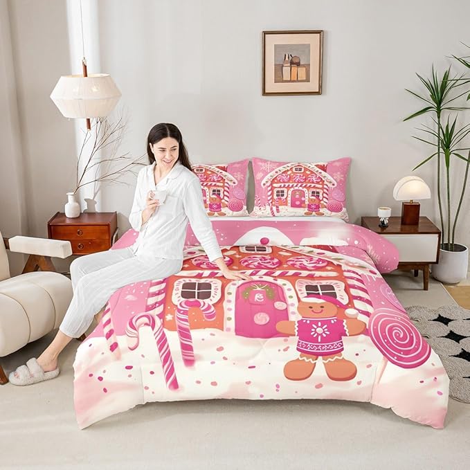 jejeloiu Kids Christmas Theme Comforter Set Twin Size Xmas Gingerbread Man Candy Cane House Bedding Set for Boys Girls Teens Hot Pink Winter Happy New Year Duvet Quilt Room Decor