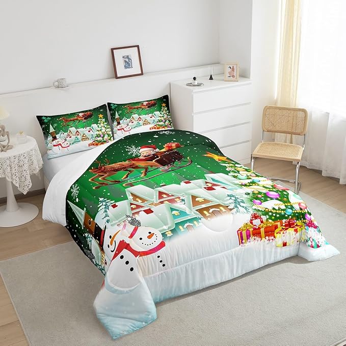 Manfei Christmas Comforter Set Full Size, Snowman Xmas Tree Quilt Set with 2 Pillowcases, Santa Claus with Deer Bedding Set 3pcs for Kids Boys Girls Room Decor New Year Theme Duvet Insert