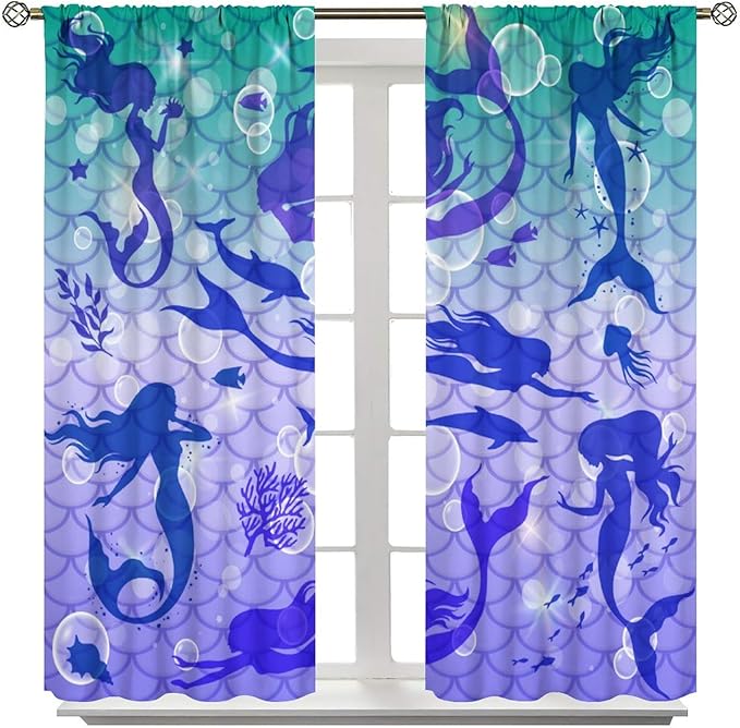 Mermaid Kids Girls Curtains Fantasy Mermaid Silhouette Ocean Theme Beautiful Blackout Window Treatment for Girls Bedroom Nursery Room Decor Rod Pocket Window Drapes 72" W X 63" L