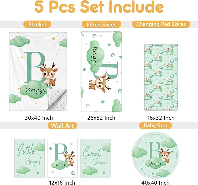 Personalized Crib Bedding Set, 5 Pcs Custom Nursery Bedding Sets with Name, Infant Bedding Set for Baby Girl Boy, Green Deer Double Layer Baby Crib Set, Toddlers Babies Kids Customized Gifts
