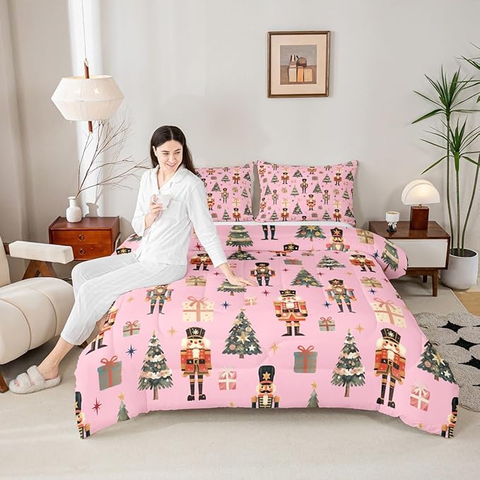 jejeloiu Xmas Nutcracker Comforter Set Queen Size Christmas Pink Bedding Set for Kids Boys Girls Cute Snowflakes Duvet Quilt Bedroom Decor
