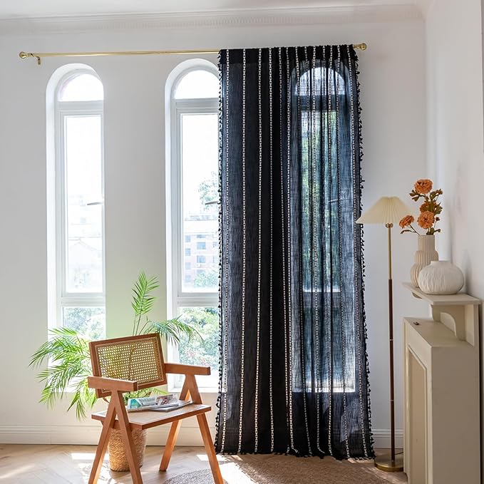 Deeprove Black Boho Curtains 96 inches Long for Bedroom, Vintage Bohemian Embroidery Farmhouse Cotton Linen French Country Tassel Window Treatments Gothic Halloween Decor, W52 x L96, 1 Panel