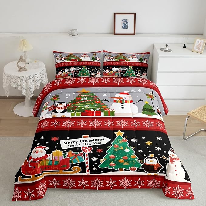 Erosebridal Christmas Tree Decor Quilts Cartoon Snowman Comforter Set for Teens Kids Boys Xmas Deer Elk Santa Claus Bedding Set for New Year Snowflake Red and Black Duvet Insert Twin Size