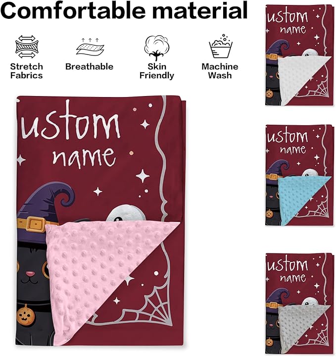Personalized Halloween Blanket for Girls, Custom Baby Blanket with Name, Cute Cat Theme Soft Minky Dot Blanket, Halloween Decor Christmas Birthday Gifts for Kids Toddlers