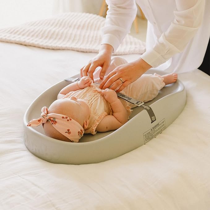 Bumbo Baby Changing Pad for Dresser or Table Top, Portable & Wipeable Non Slip Soft Contoured Diaper Change Station with Harness, Cool Grey
