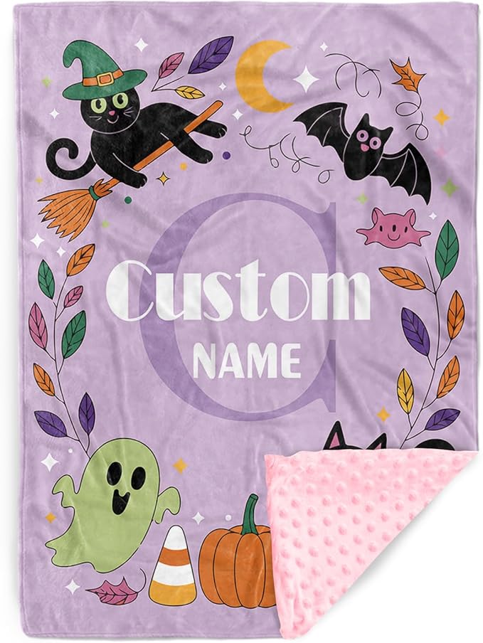 Personalized Halloween Blanket for Girls, Custom Baby Blanket with Name, Ghost & Bat Pattern Soft Minky Dot Blanket, Halloween Decor Christmas Birthday Gifts for Kids Toddlers
