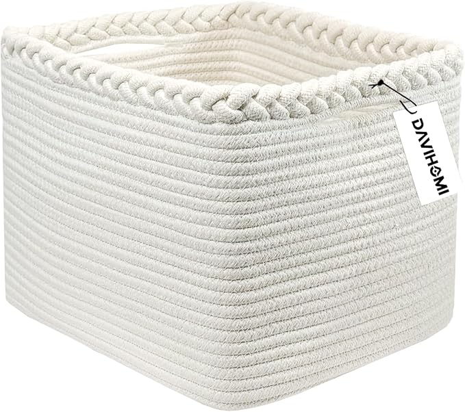 Rectangular Woven Cotton Rope Basket for Organizing, Gift Baskets for Handles, Empty Gift Baskets, Medium Rope Basket|13.5" x 11" x 9.5" home decor for Toys,Towels, Pillows,Clothing（White）