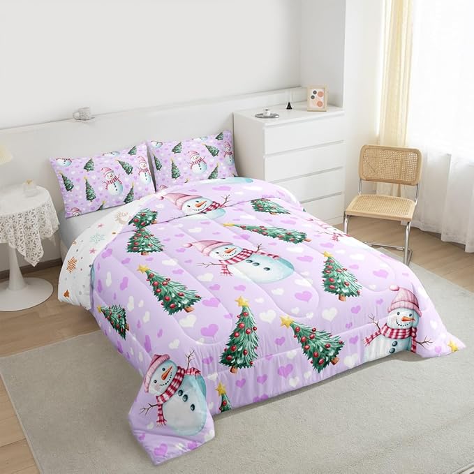 Feelyou Merry Christmas Bedding Set Soft for Boys Girls, Cute Snowman Comforter Set Queen Size Christmas Tree Duvet Quilt Microfiber Love Hearts 3 Pcs with 2 Pillow Cases